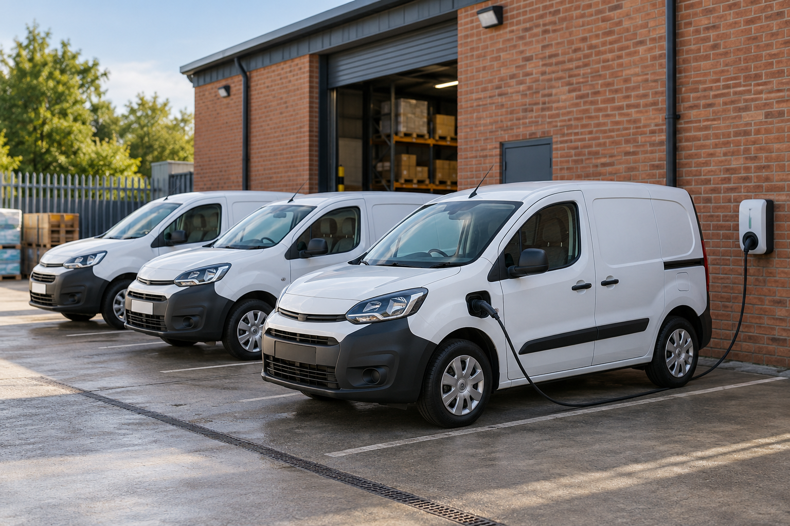 Illustrative electric delivery vans charging at a business depot