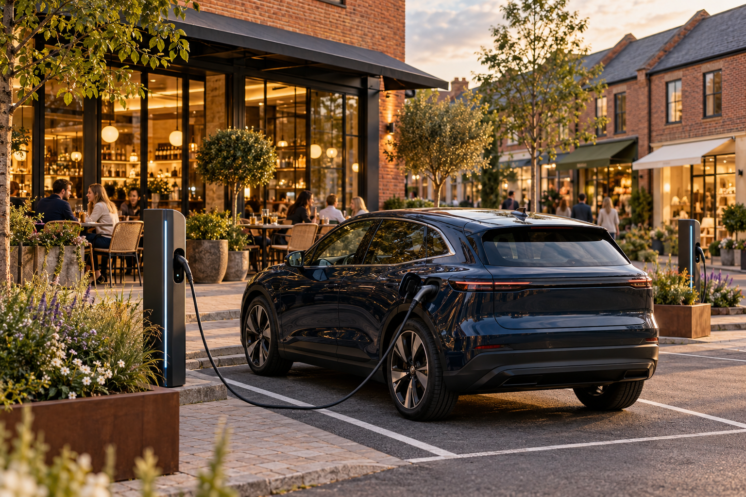 Illustrative EV charging bay beside a restaurant terrace and retail shopfronts