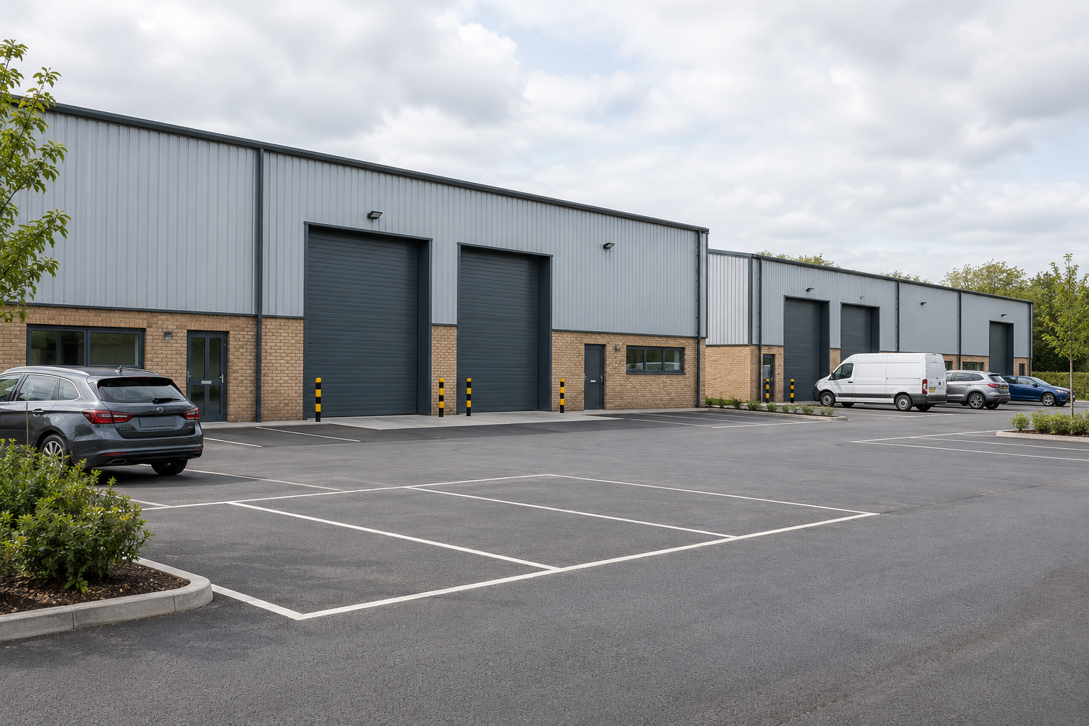 Illustrative UK warehouse units with marked parking bays and vehicles